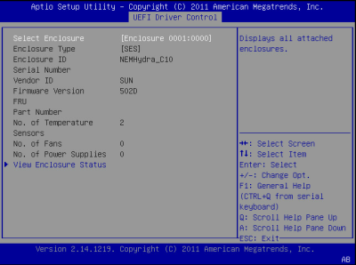 image:此图显示了 BIOS LSI MegaRAID 配置实用程序的 "Enclosure Management" 屏幕。