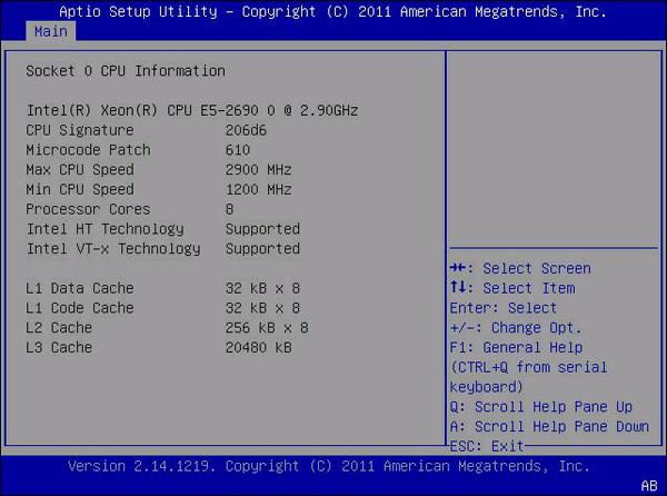 此图显示了 "Main" 菜单的 "Socket 0 CPU Information" 屏幕。 image:此图显示了 "Main" 菜单的 "Socket 0 CPU Information" 屏幕。
