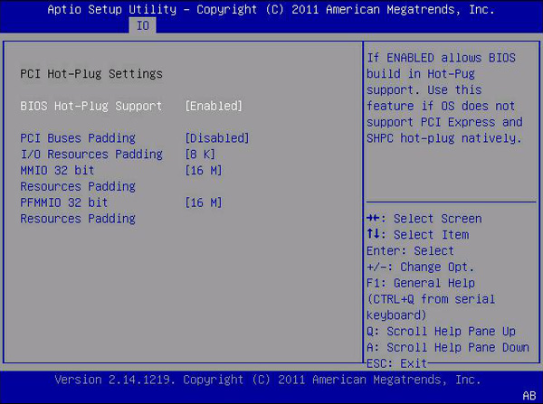 image:此图显示了 "PCI Hot-Plug Settings" 屏幕。