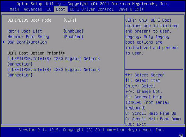 此图显示了已选中 "UEFI" 的 "UEFI/BIOS Boot Mode" 屏幕。 image:此图显示了已选中 "UEFI" 的 "UEFI/BIOS Boot Mode" 屏幕。