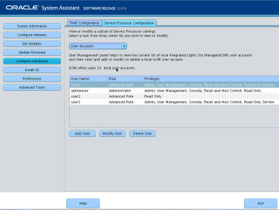image:此图显示了 Oracle System Assistant 中的 "Service Processor Configuration"－"User Accounts Information" 屏幕。