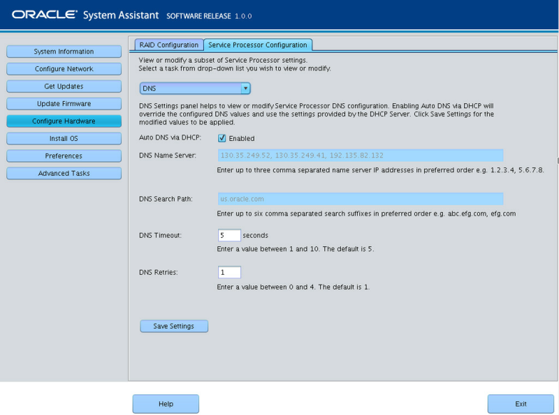 image:此图显示了 Oracle System Assistant 中的 "Service Processor Configuration"－"DNS" 屏幕。