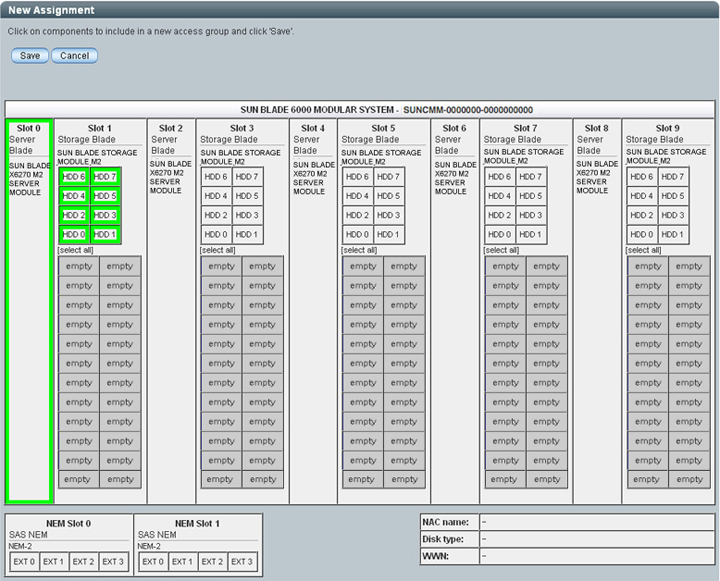 image:Example showing the selection of a CPU blade and storage resources in the New Assignment dialog.
