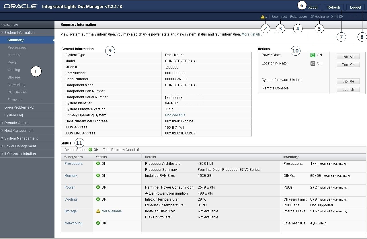 image:This figure shows the Oracle ILOM web interface Summary page with callouts.