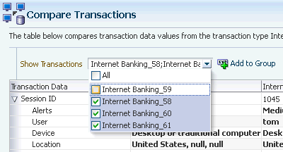 「トランザクションの表示」フィルタが示されています。