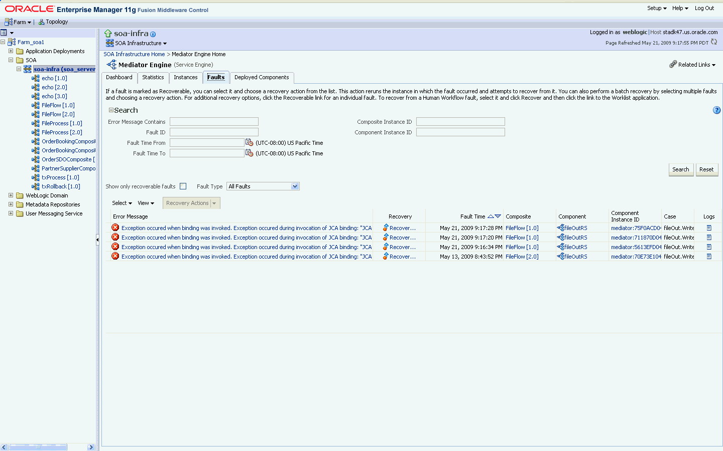 Oracle Enterprise Managerを使用したBPEL PMインスタンスのリカバリ