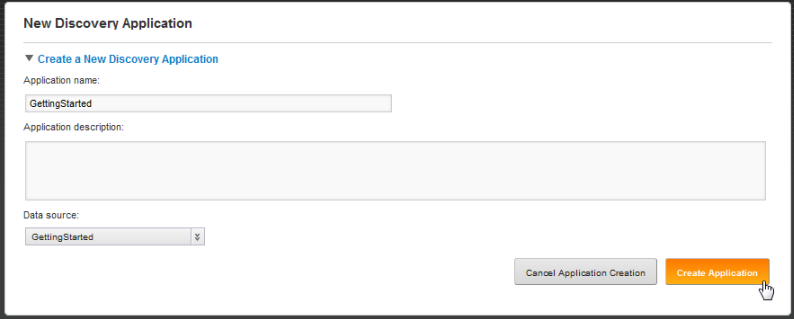 New Discovery Application page with name and data source filled in