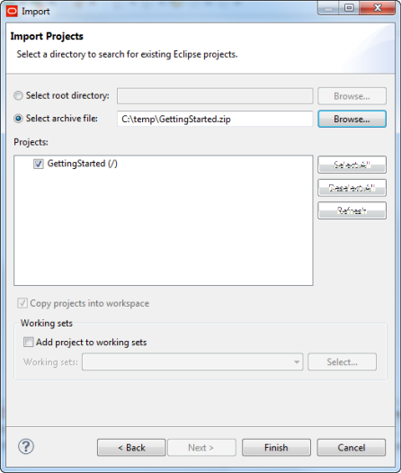 Import Projects page with the GettingStarted project listed
