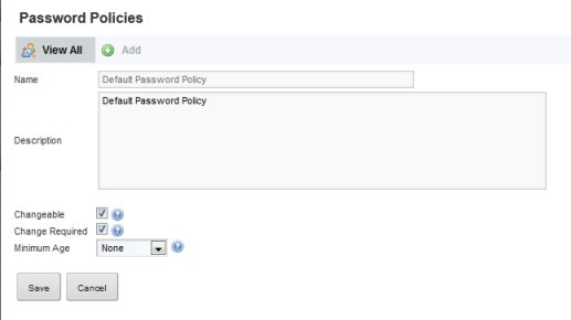 Password Policies page to configure the default password policy