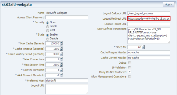 Webgate configuration page showing the logout URL