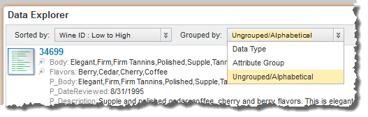 Top left of the Data Explorer component showing the options in the Grouped by drop-down list
