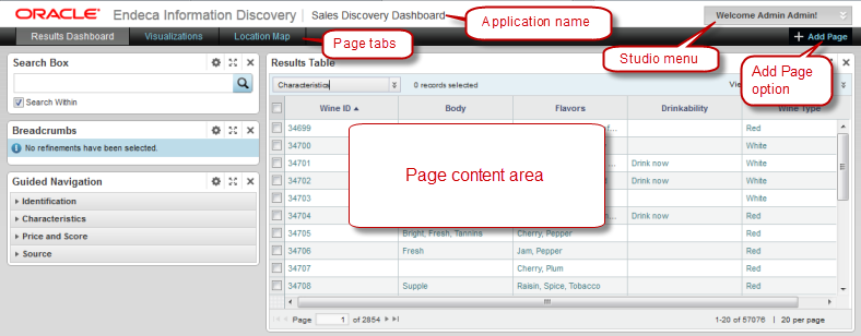 Studio UI with labels to point out areas of the screen
