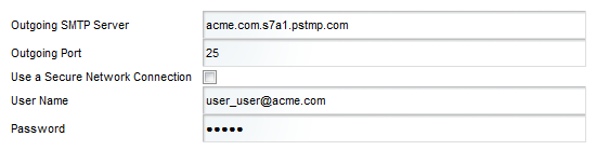 Fields for configuring the outbound mail server