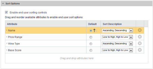 Sort Options section of the Results List edit view with end user sorting on and attributes selected