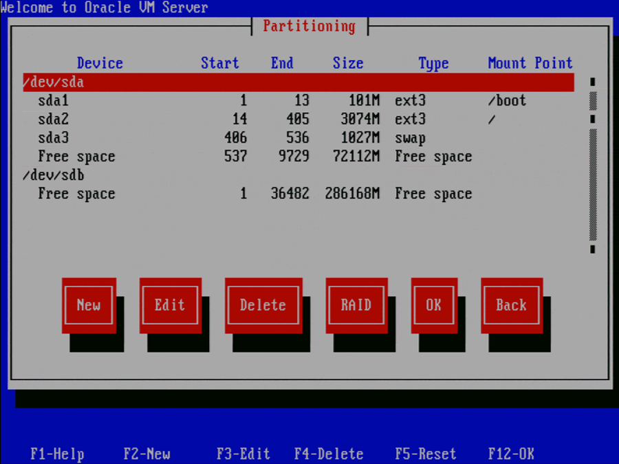 この図は、Oracle VM Serverの「Partitioning」画面を示しています。