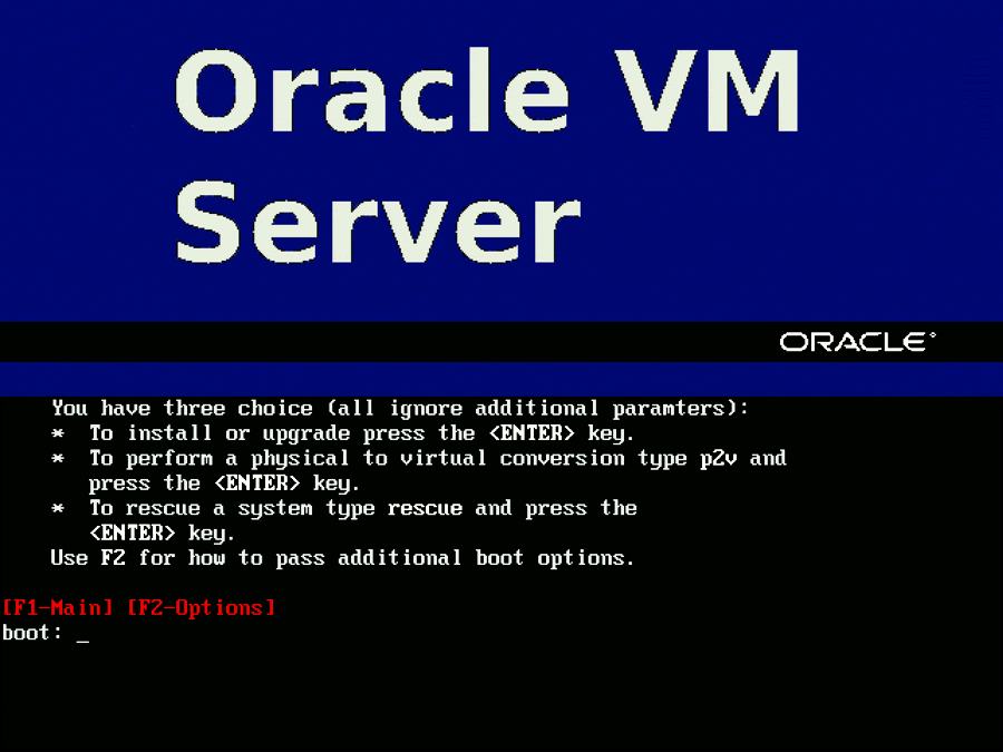 この図は、Oracle VM Serverのインストール初期画面を示しています。