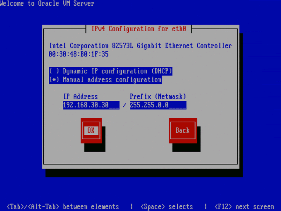 この図は、「Oracle VM Server Network Interface Configuration」画面を示しています。