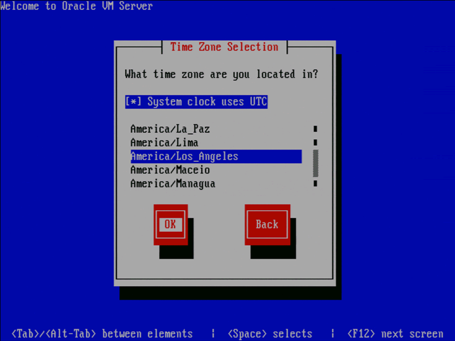この図は、Oracle VM Serverの「Time Zone Selection」画面を示しています。