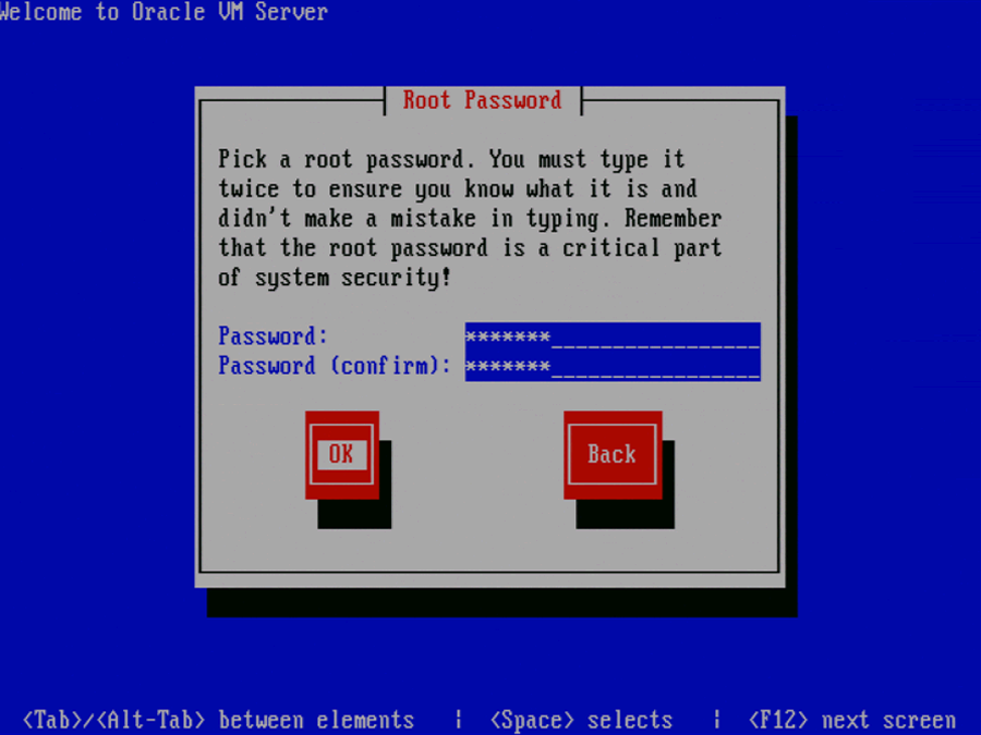 この図は、Oracle VM Serverの「Root Password」画面を示しています。
