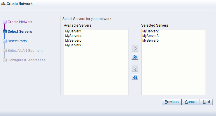 この図は、「Create Network」ダイアログ・ボックスの「Select Servers」手順を示しています。