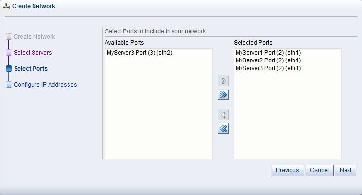 この図は、「Create Network」ダイアログ・ボックスの「Select Ports」手順を示しています。