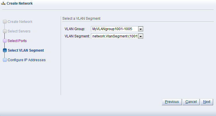 この図は、「Create Network」ダイアログ・ボックスの「Select VLAN Segments」手順を示しています。