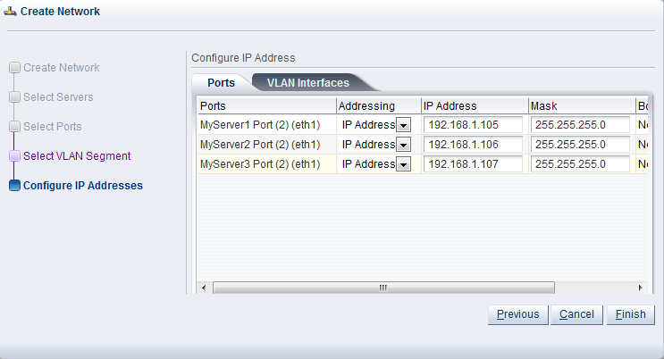 この図は、「Create Network」ダイアログ・ボックスの「 Configure IP Addresses」手順の「Ports」タブを示しています。