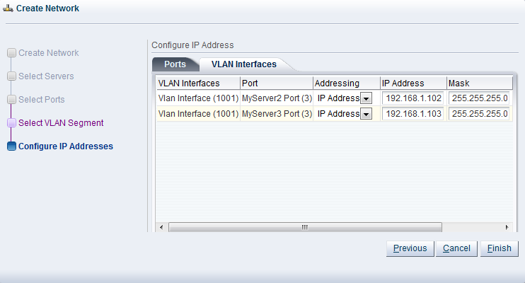 この図は、「Create Network」ダイアログ・ボックスの「Configure IP Addresses」手順の「VLAN Interfaces」タブを示しています。