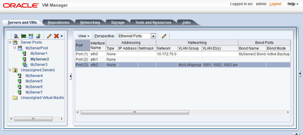この図は、「Ethernet Ports」パースペクティブが表示された「Servers and VMs」タブを示しています。