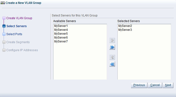 この図は、「Create New VLAN Group」ダイアログ・ボックスの「Select Servers」手順を示しています。