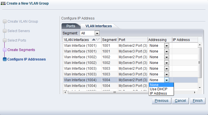 この図は、「Create VLAN Group」ダイアログ・ボックスの「Configure IP Addresses」手順を示しています。