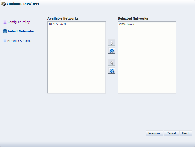 この図は、「Configure DRS/DPM」ウィザードの「Select Networks」手順を示しています。