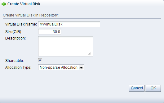 この図は、「Create Virtual Disk」ダイアログ・ボックスを示しています。