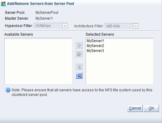 この図は、「Add/Remove Servers from Server Pool」ダイアログ・ボックスを示しています。
