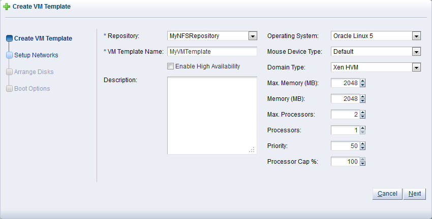 この図は、ウィザードの「Create VM Template」手順を示しています。