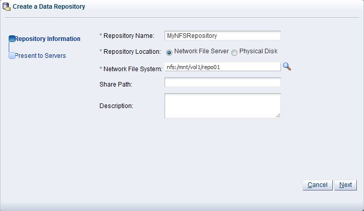 この図は、「Create a Data Repository」ダイアログ・ボックスを示しています。