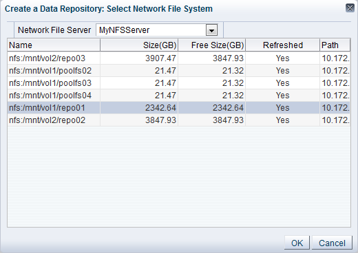 この図は、「Create a Data Repository」を示しており、「Network File System」ダイアログ・ボックスを選択します。