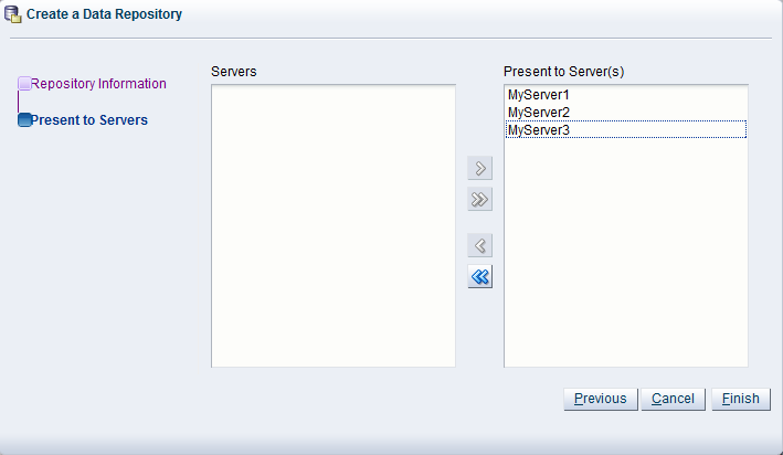 この図は、「Create Repository, Present to Servers」ダイアログ・ボックスを示しています。