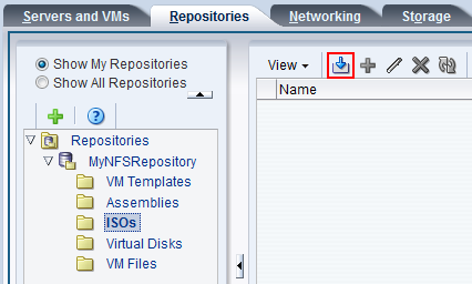 この図は、「Repositories」タブの「Import ISO」アイコンを示しています。