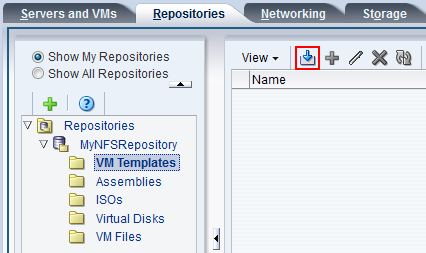 この図は、「Repositories」タブの「Import VM Template」アイコンを示しています。