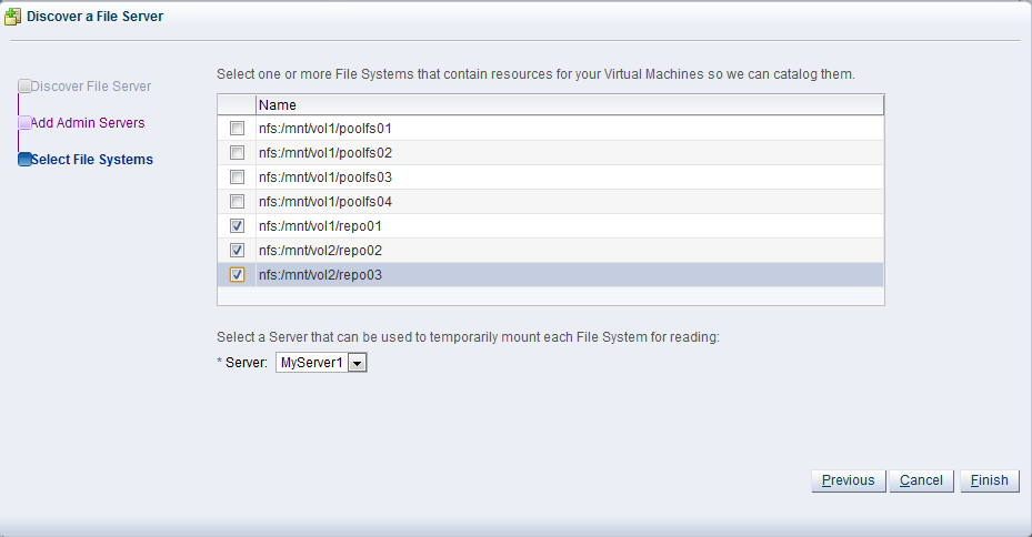 この図は、「Discover a File Server」ウィザードの「Select File Systems」ステップを示しています。