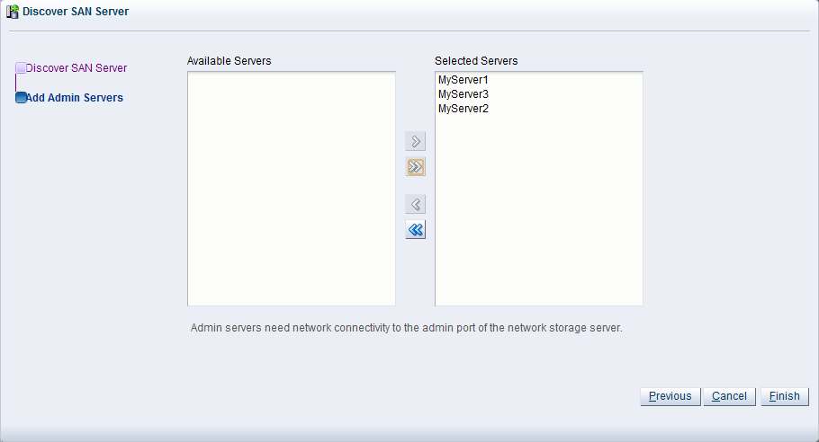 この図は、「Discover SAN Server」ウィザードの「Add Admin Servers」ステップを示しています。