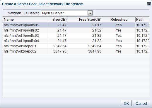 この図は、「Create a Server Pool」を示しており、「Network File System」ダイアログ・ボックスを選択します。