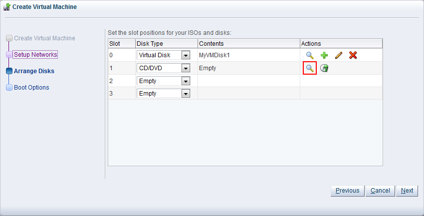 この図は、「Create Virtual Machine」ウィザードの「Arrange Disks」ステップを示しています。
