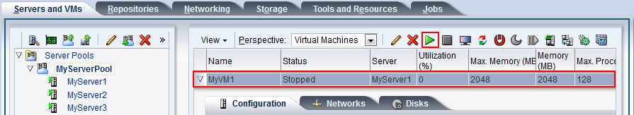 この図は、「Servers and VMs」タブにおける「Virtual Machine」パースペクティブの「Start」アイコンを示しています。