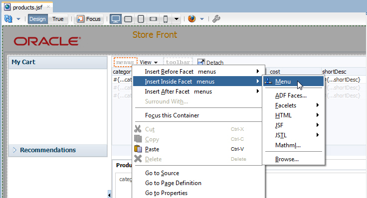 menu selected and context menu displayed showing insert a menu inside the facet