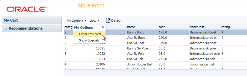 detached menu option and export to excel item highlighted