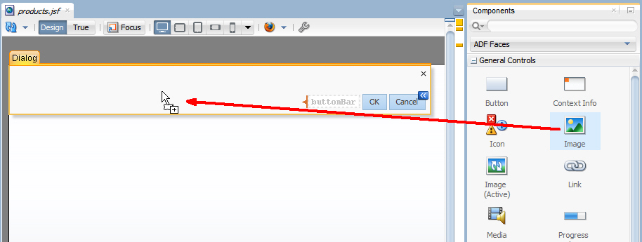 image component dropped in dialog pane, displayed in design view