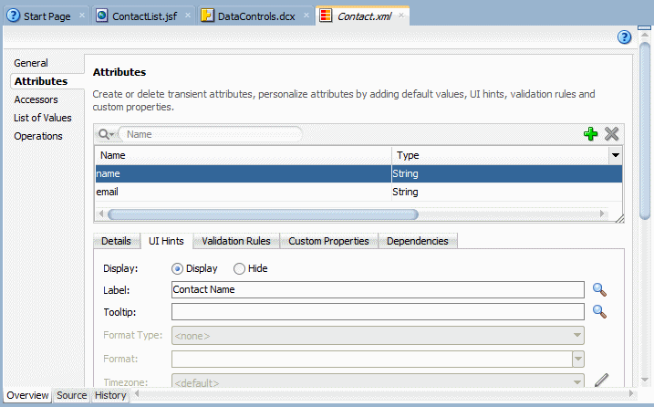 Overview editor for Contact.xml, UI Hints