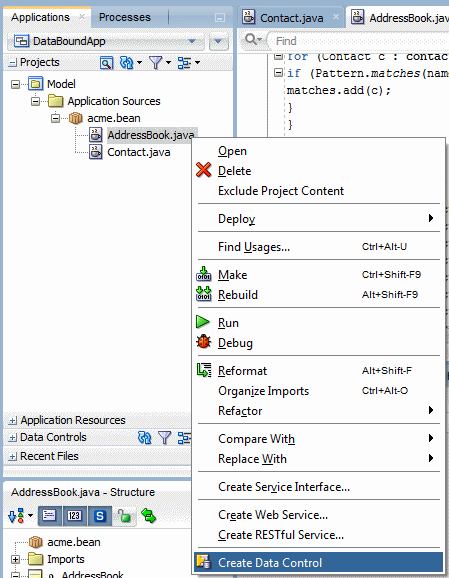 Create Data Control context menu